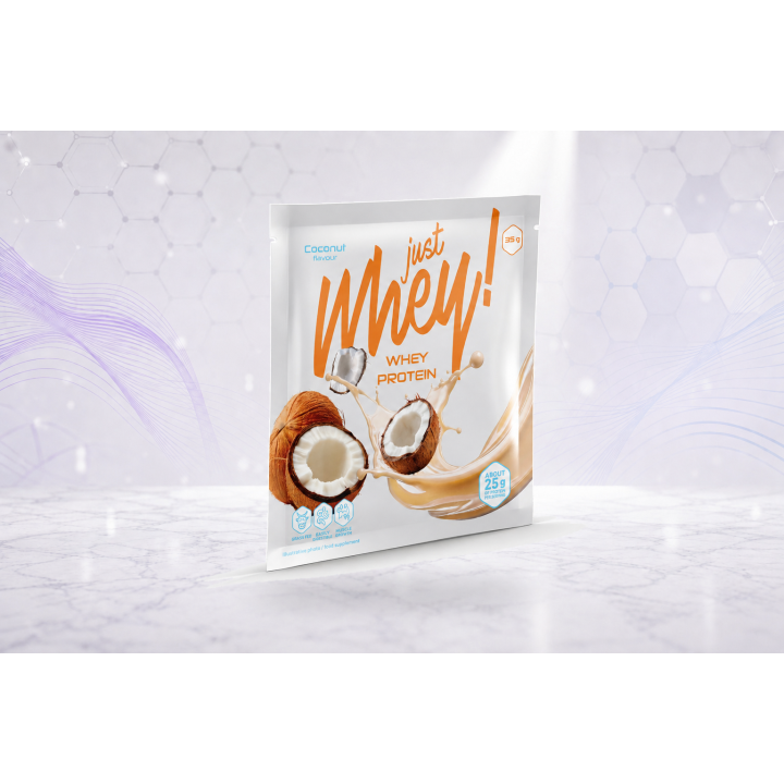 Just Whey! whey protein powder WPC, sachet 35g – COCONUT | Vyralon